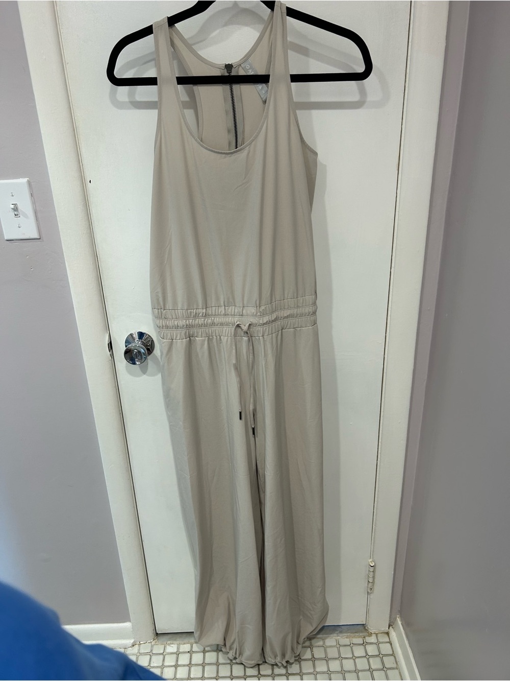 Athleta Cream/Taupe Wide-Leg Sleeveless Jumpsuit with Drawstring